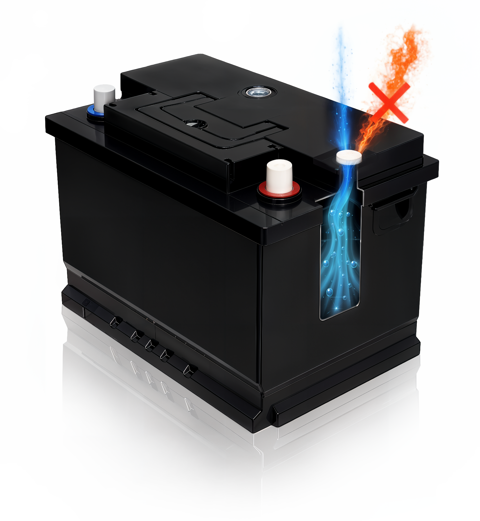 Automotive battery cross-section showing blue gas venting safely and orange flame blocked by the Kobrapor flame arrestor