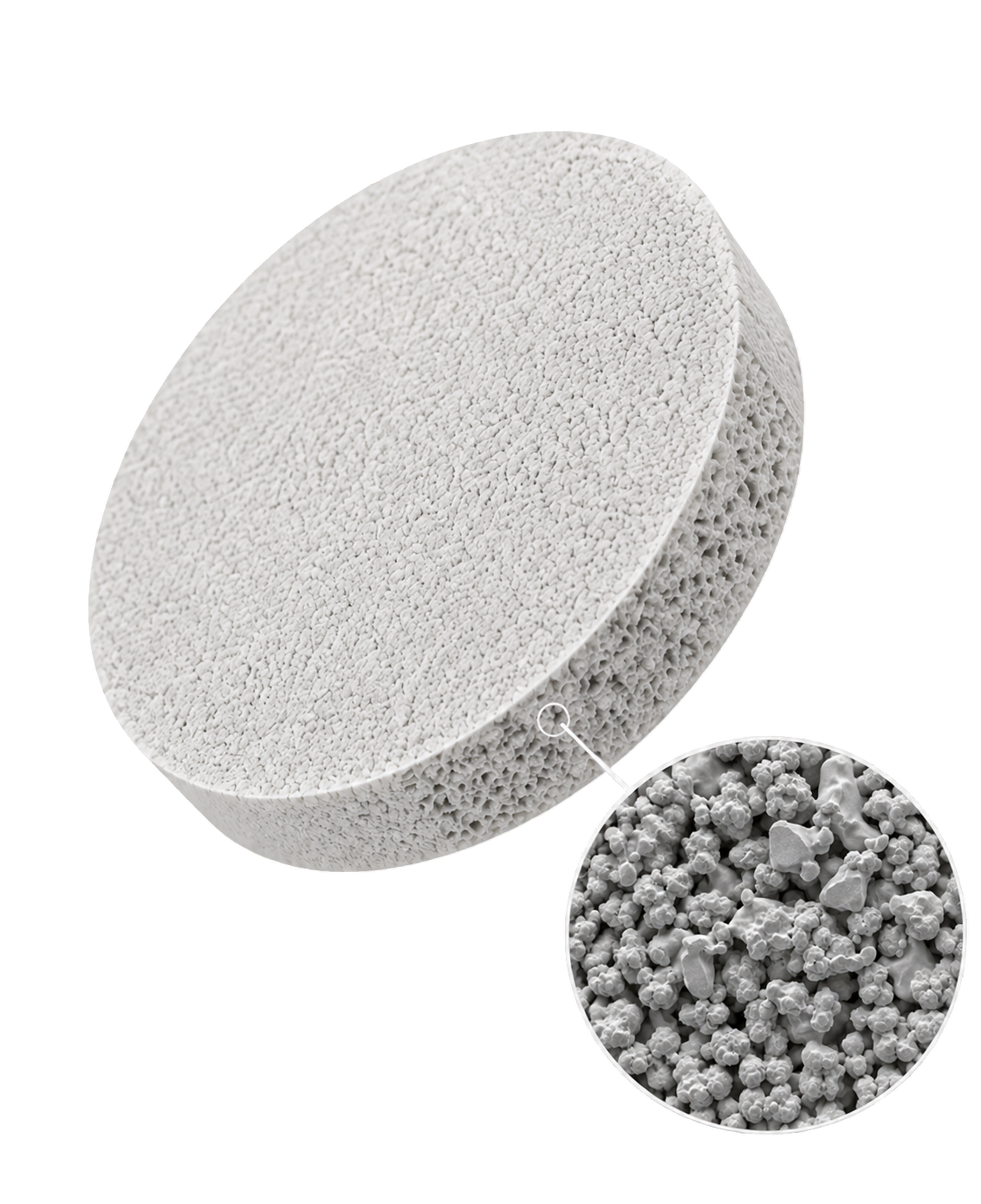 Kobrapor flame arrestor cross-section revealing internal microporous structure, magnified via scanning electron microscopy (SEM)